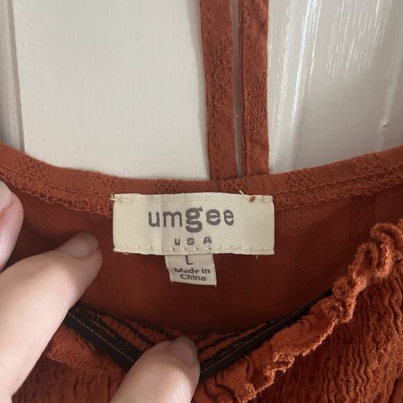 Umgee Women Milk Maid Smocked Tiered Orange Dress L Balloon Sleeve Cottage Fall - Picture 4 of 13